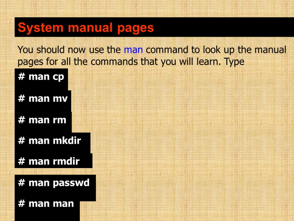 System manual pages You should now use the man command to look up the